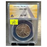 1941 Walking Liberty Half Dollar Graded AU 58 by A