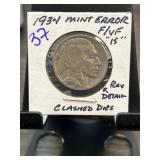1934 Buffalo Nickel Mint Error with Clashed Dies