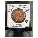 1951 Lincoln Wheat Penny D/D RPM One Cent Coin Dis