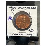1954-D Lincoln Wheat Cent Mint Error Cracked Sk