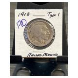 1913 Type 1 Buffalo Nickel with Raised Mound