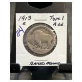 1913-S Buffalo Nickel Type 1 with Raised Mound