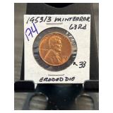 1953/3 Lincoln Wheat Penny Mint Error Graded 63RD