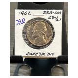 1962 DDR-001 Jefferson Nickel with Rare Doubled Di