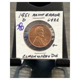 1951-D Lincoln Wheat Cent Mint Error Clash w/ Reve