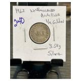1962 Netherlands Antilles 1/4 Gulden Silver Coin,