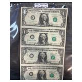 1985 Uncut Sheet of 4 Consecutive $1 Federal