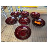 7 Ruby Red Glass Bowls with Scalloped Edges
