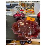 Red Glass Decorative Bowls and Basket With Clear H