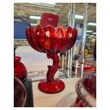 Ruby Red Glass Pedestal Compote Bowl with Scallope