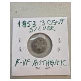 1853 Three-Cent Silver Coin in P-VF Condition