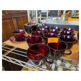 Red Glass Cups and Saucers
