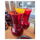 Red Glass Vases with Ribbed Design