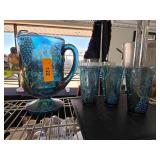 Blue Carnival Glass Pitcher with Grape Motif and 3