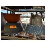 Metal Kitchenware, Including Bowls and Kettle