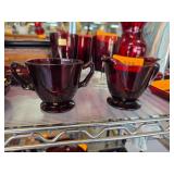 Ruby Glass Creamer and Sugar Bowl Set with Starbur