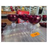 Six Ruby Red Glass Goblets with Clear Ornamental S