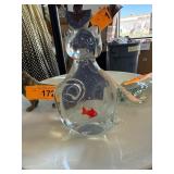Clear Glass Cat Figurine with Red Fish Detail