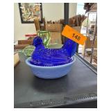 Glass Hen on Nest Covered Dish in Blue and