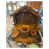 Handcrafted Wooden Nativity Stable and Tree-Stump