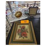 Decorative Items Including Glass Clock, Floral Fra