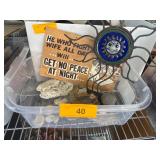 Plastic Bin with Sun Wall Hanging, Wooden Sign, an