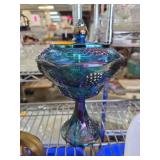 Blue Carnival Glass Lidded Pedestal Compote with G