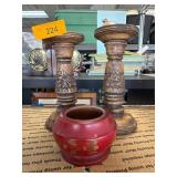 Wooden Candlesticks and Decorative Red Wooden Jar