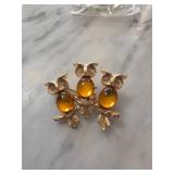 JJ Gold-Tone Owl Trio Pin with Amber-Colored Caboc