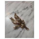 Damascene Leaf Brooch With Faux Pearl Accents