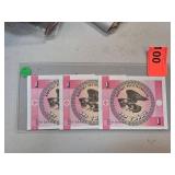Three Kyrgyzstan 1 Tyiyn Banknotes Encased in Prot