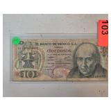 El Banco de Mexico 10 Pesos Banknote with Bell and