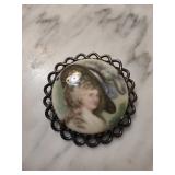 Hand-Painted Porcelain Cameo Brooch with Metal Fra