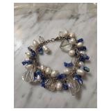 Bracelet Featuring Pearls, Blue Glass Beads, and C