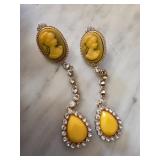 Gold Tone Cameo-Style Drop Earrings with Crystal A