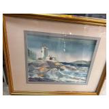 Framed Watercolor Painting of Lighthouse Scene Sig