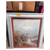 Framed Oil Painting of Landscape With Ducks in Fli