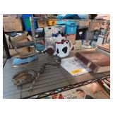 Vintage Items Including Book, Iron, Drill, and Fig