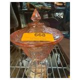 Pink Depression Glass Covered Candy Dish with Flor