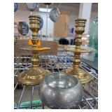 Brass Candlesticks and Pewter Bowl