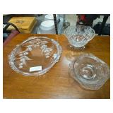3 Clear Pressed Glass Serving Pieces with Floral D
