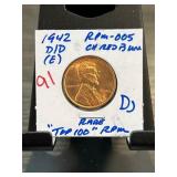 1942 Lincoln Wheat Cent RPM-005 D/D (E) CH Red BU