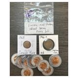 Coins Including Wheat Pennies, Canadian Penny, and