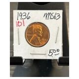 1936 Lincoln Wheat Cent, Graded MS63, Encased in a
