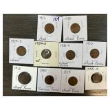 10 Assorted Wheat Pennies, Including 1920, 1927, a