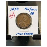 1939 Lincoln Wheat Penny AU/UNC High Grade