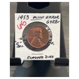 1953 Lincoln Wheat Cent Mint Error, Clashed Dies,