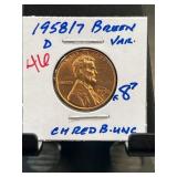 1958/7 Lincoln Wheat Cent, D Over D, Choice Red BU