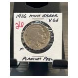1926 Mint Error Buffalo Nickel with Planchet Peel