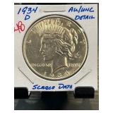 1934-D Peace Silver Dollar in AU/UNC Condition wit
